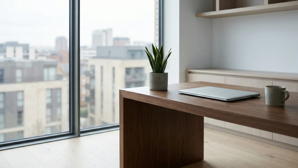 UK home study with closed laptop overlooking city — workspace for Hargreaves Lansdown portfolio tracker analysis