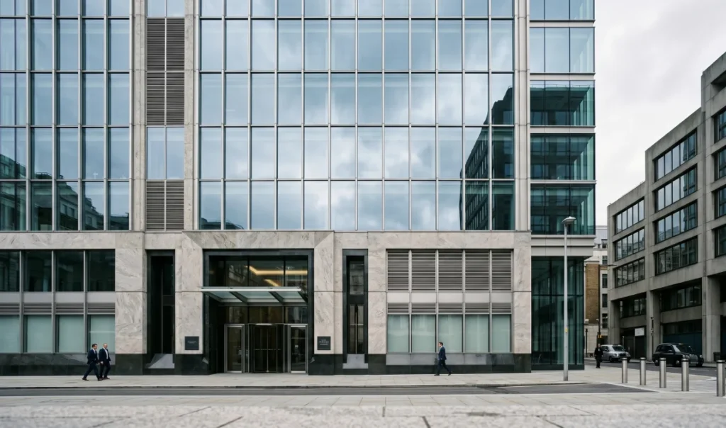 Modern glass financial building in a UK city, representing FCA-regulated platforms like Hargreaves Lansdown