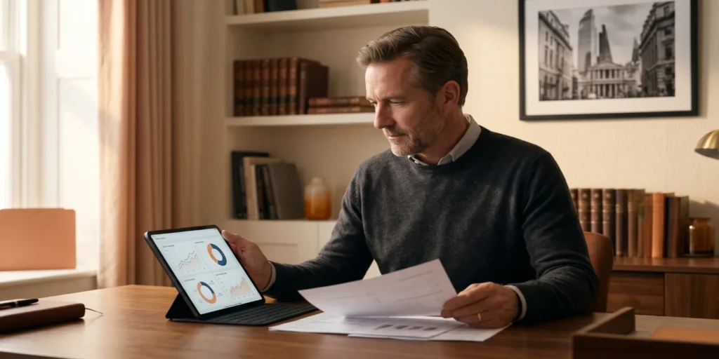 Mature UK self-directed investor reviewing multi-account portfolio analytics on tablet in warm-lit home study