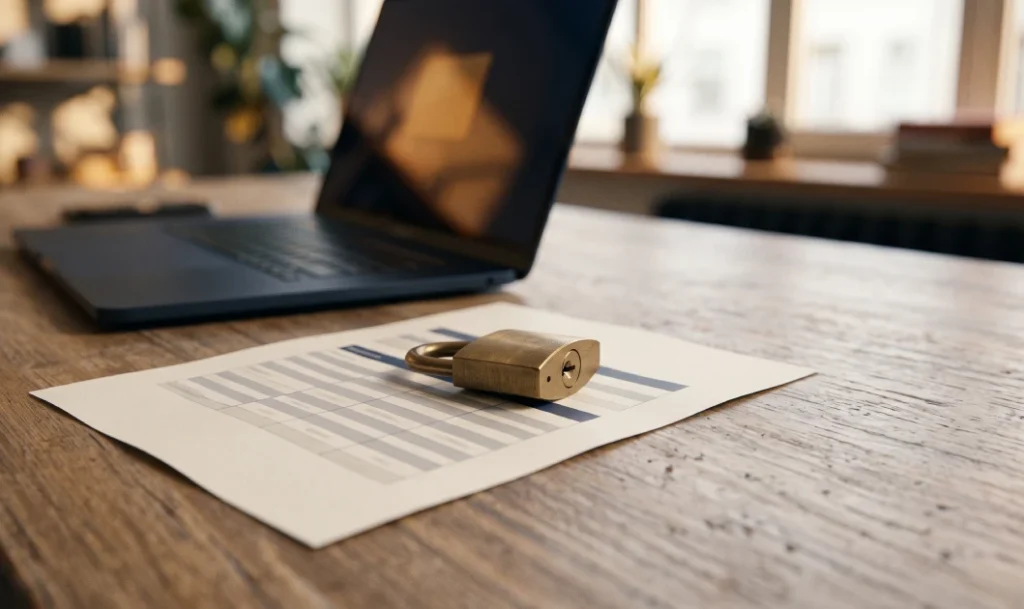 A padlock on printed portfolio statements — tracking without sharing broker logins