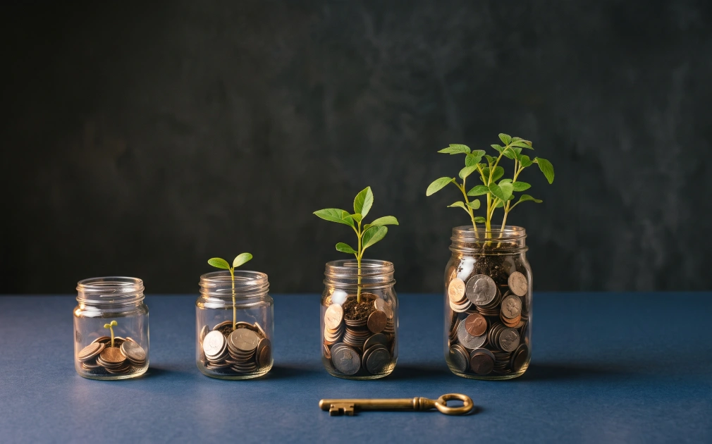 Four separate glass jars with coins representing Trading 212's isolated Invest, ISA, Cash ISA and SIPP accounts