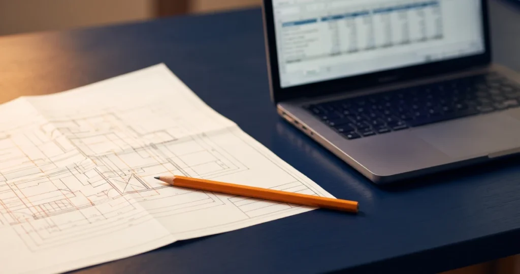 A blueprint beside a laptop illustrating building an IBKR Flex Query once and running it every year
