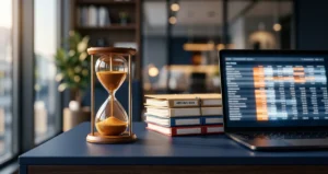 An hourglass beside archived folders illustrating Vanguard's rolling 18-month CSV export window